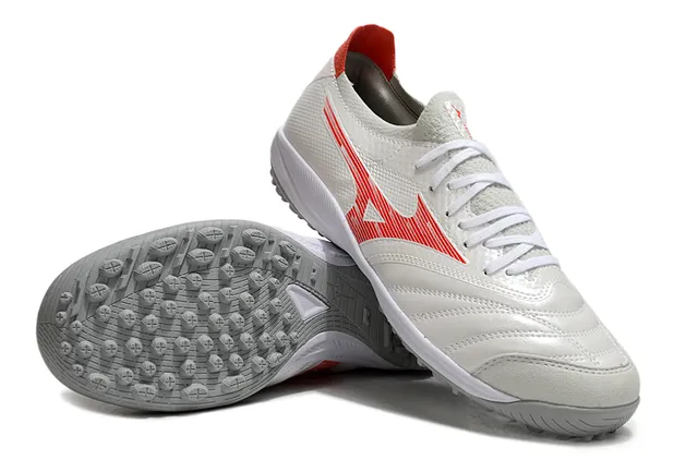 Mizuno أحذية كرة القدم أبيض أحمر منخفضة مربوطة بالأربطة بطبقة شبكية اصطناعية للعشب 4