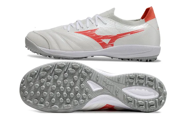 Mizuno أحذية كرة القدم أبيض أحمر منخفضة مربوطة بالأربطة بطبقة شبكية اصطناعية للعشب 6