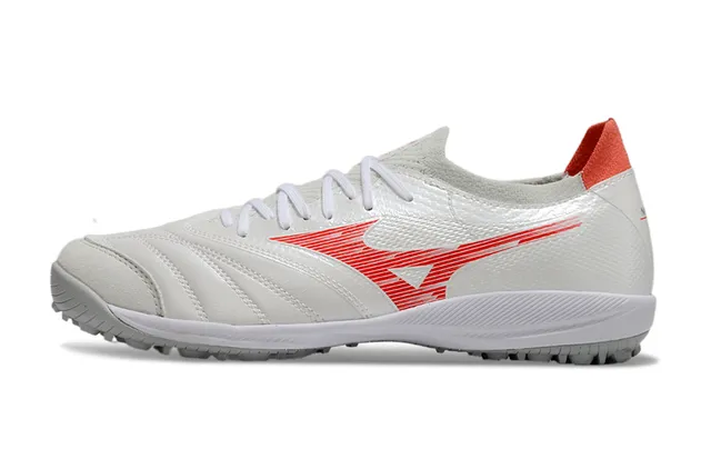 Mizuno أحذية كرة القدم أبيض أحمر منخفضة مربوطة بالأربطة بطبقة شبكية اصطناعية للعشب 7