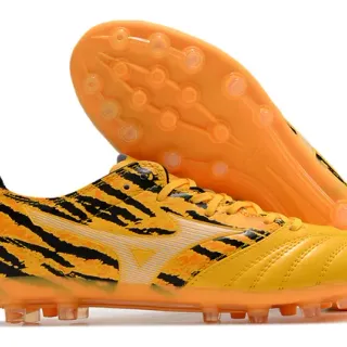 Mizuno Yellow Black Tiger-Stripe Print Synthetic Leather Upper Firm-Ground Soccer Shoes