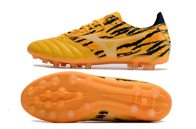 Mizuno Jaune Noir Impression de Rayures de Tigre Cuir Synthétique Supérieur Chaussures de Football Terrain Firme 6