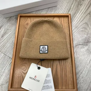 Moncler Beige Navy Ribbed Knit Folded Cuff Beanie
