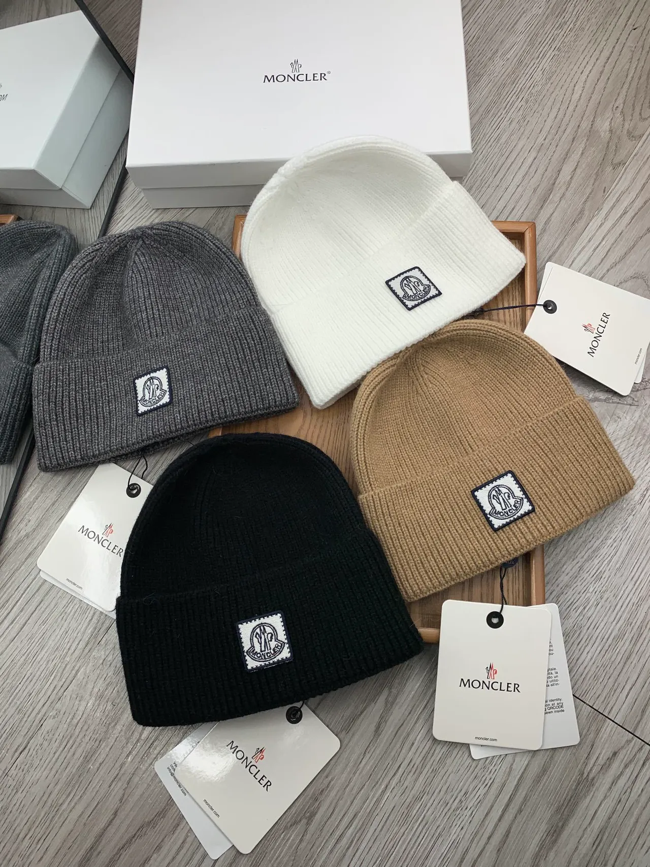 Moncler Beige Navy Ribbed Knit Folded Cuff Beanie 2