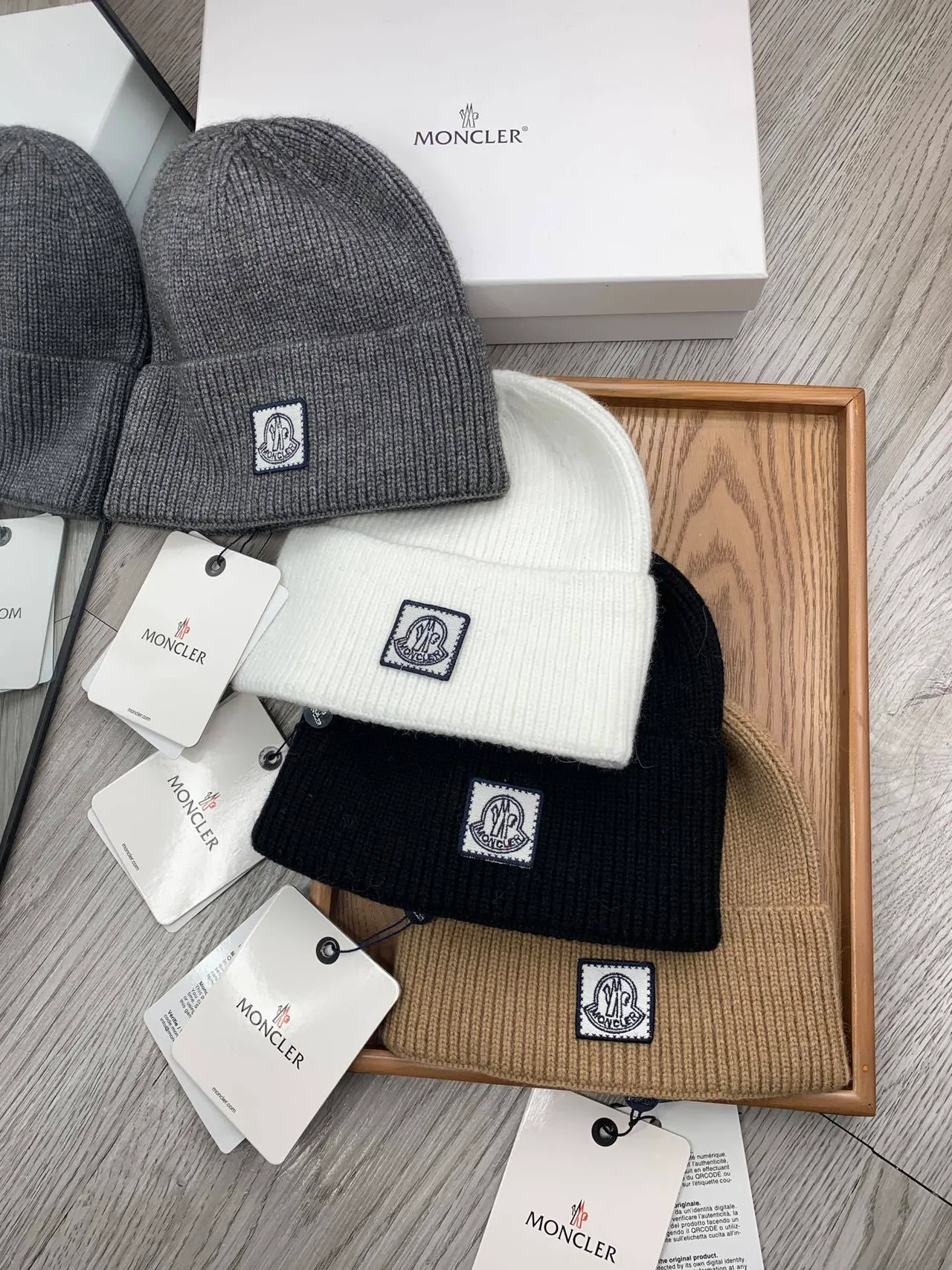 Moncler Beige Navy Ribbed Knit Folded Cuff Beanie 3
