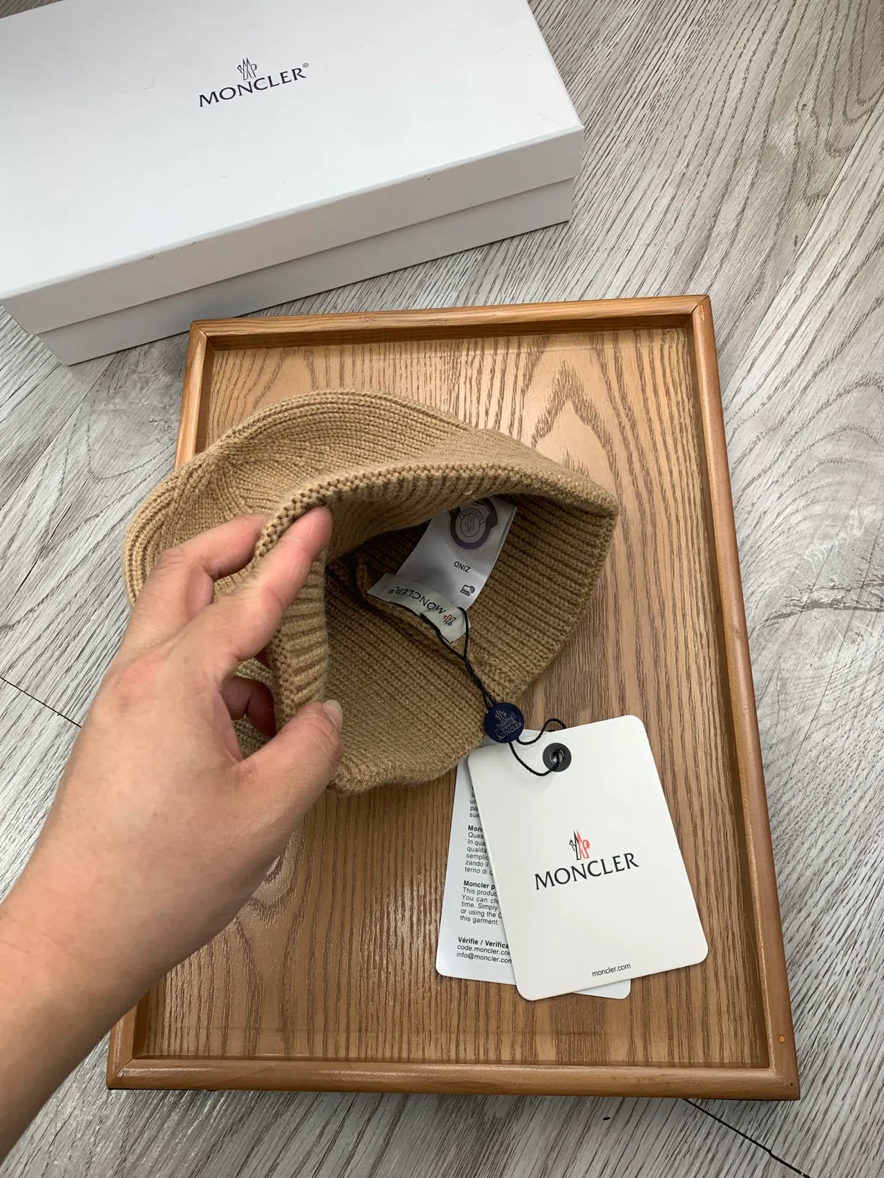 Moncler Beige Navy Ribbed Knit Folded Cuff Beanie 4