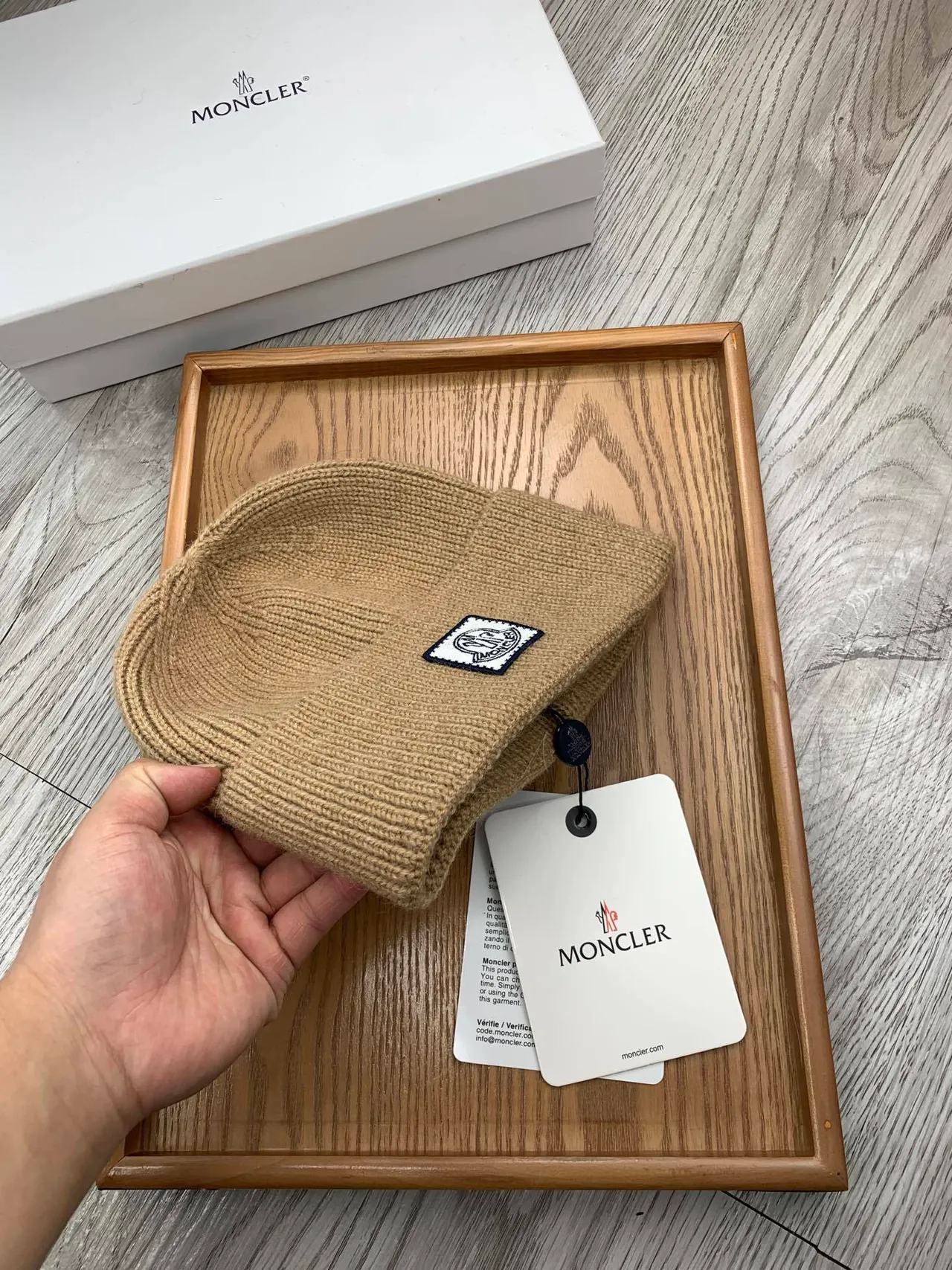 Moncler Beige Navy Ribbed Knit Folded Cuff Beanie 5