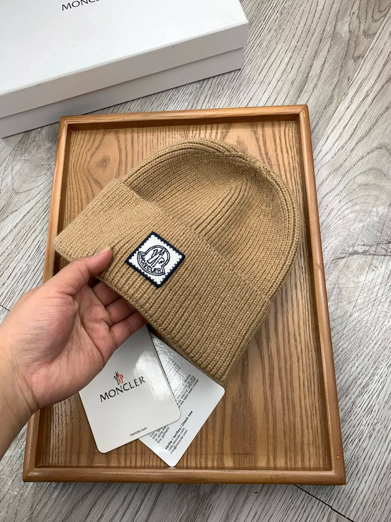 Moncler Beige Navy Ribbed Knit Folded Cuff Beanie 6