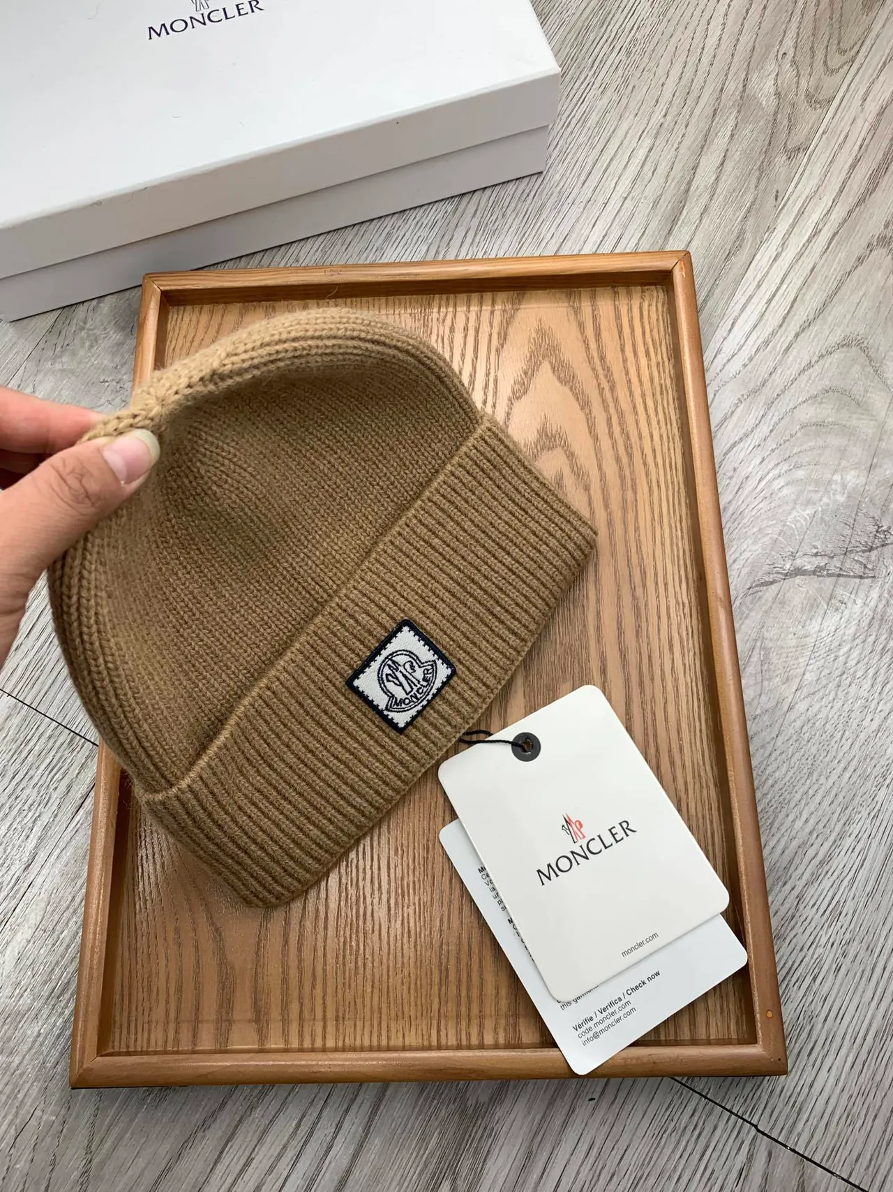Moncler Beige Navy Ribbed Knit Folded Cuff Beanie 7