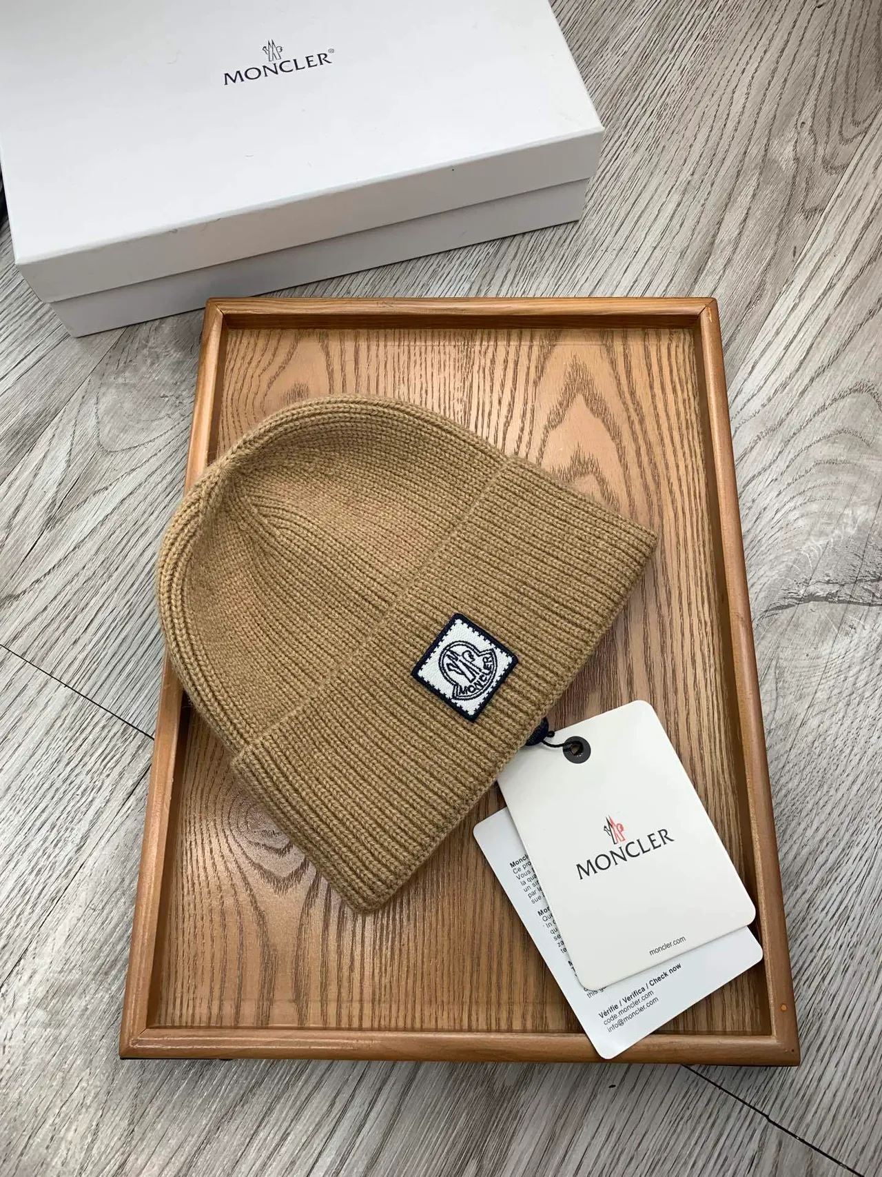 Moncler Beige Navy Ribbed Knit Folded Cuff Beanie 8