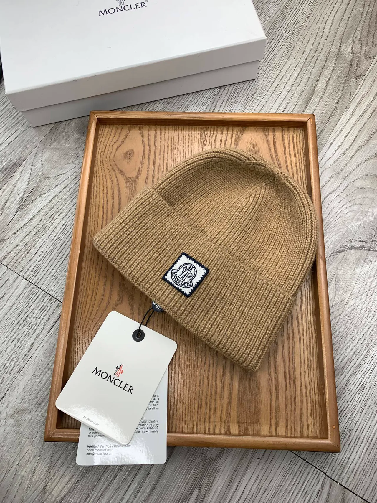Moncler Beige Navy Ribbed Knit Folded Cuff Beanie 9