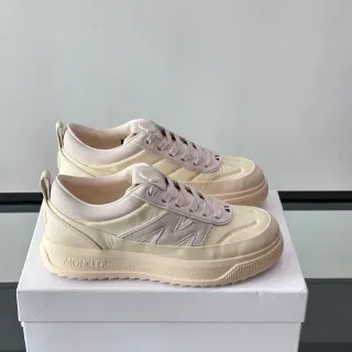Moncler Beige Silver Quilted Nylon Upper Oversized Metallic M Logo Lifestyle Sneakers