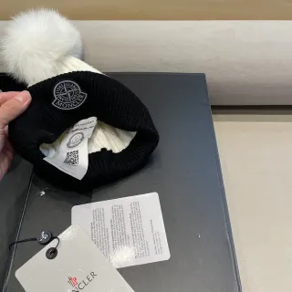 Moncler Black and White Ribbed Knit Pom-Pom Beanie