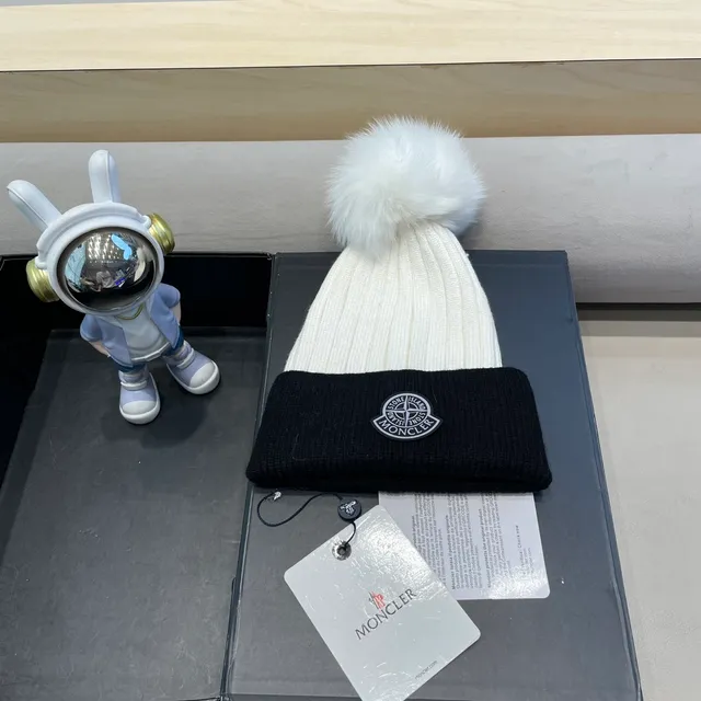 Moncler Black and White Ribbed Knit Pom-Pom Beanie 2