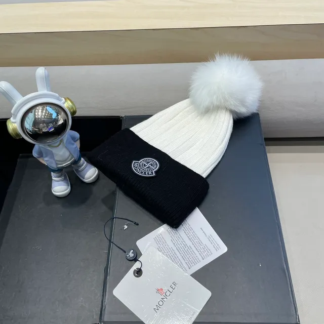 Moncler Black and White Ribbed Knit Pom-Pom Beanie 3