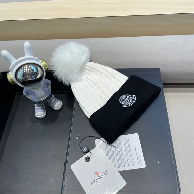 Moncler Black and White Ribbed Knit Pom-Pom Beanie 4