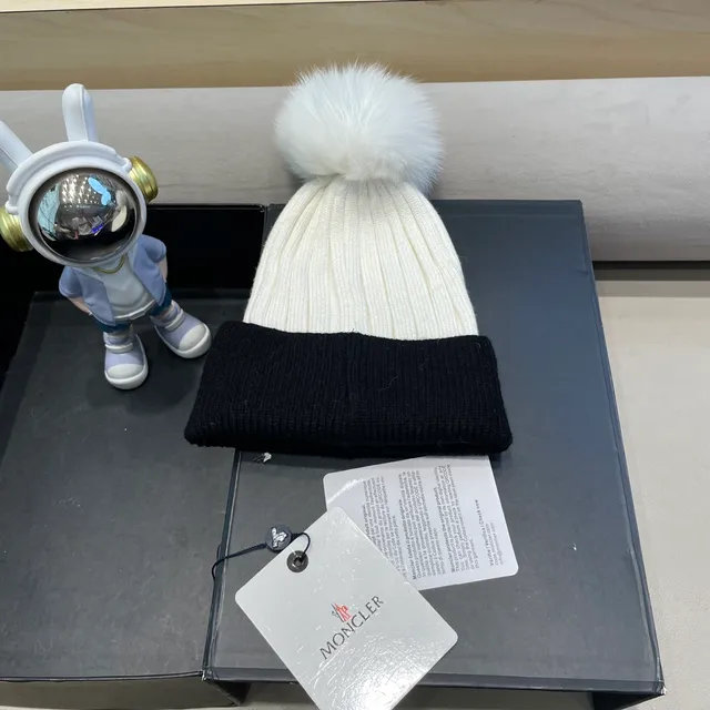 Moncler Black and White Ribbed Knit Pom-Pom Beanie 8