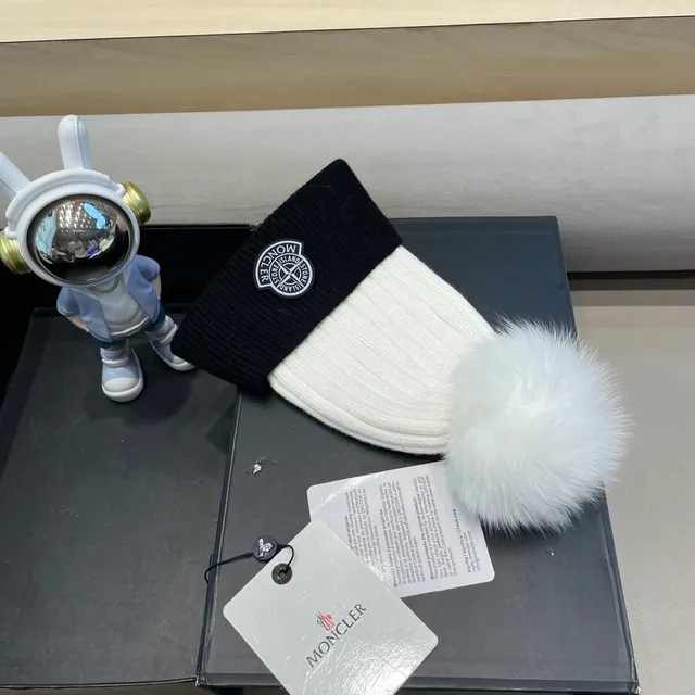 Moncler Black and White Ribbed Knit Pom-Pom Beanie 9