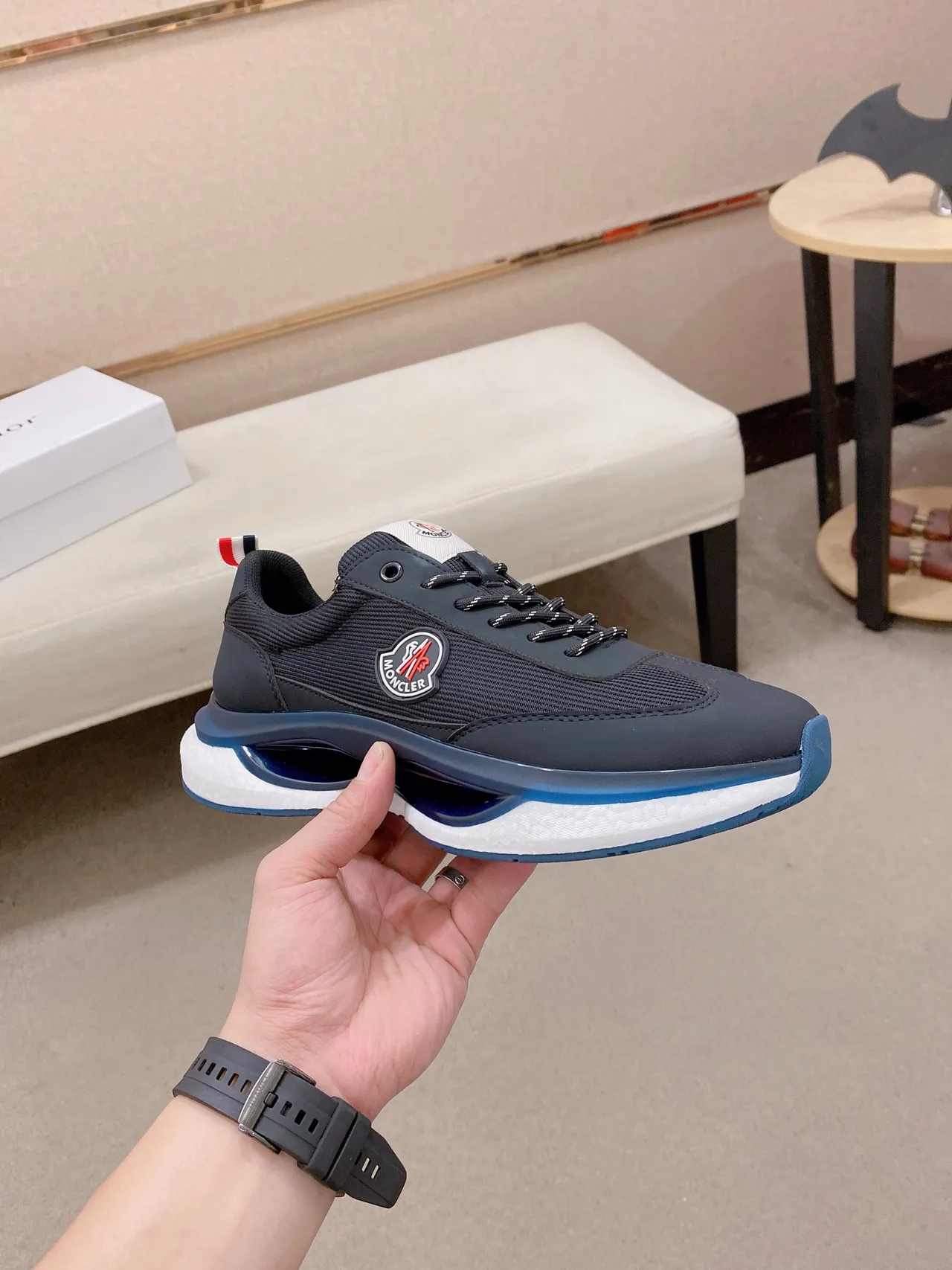 Moncler Chaussures De Sport Noires Bleues Avec Upper Maille-Synthétique, Semelle Médiane Sculptée En Couches, Semelle Épaisse 6