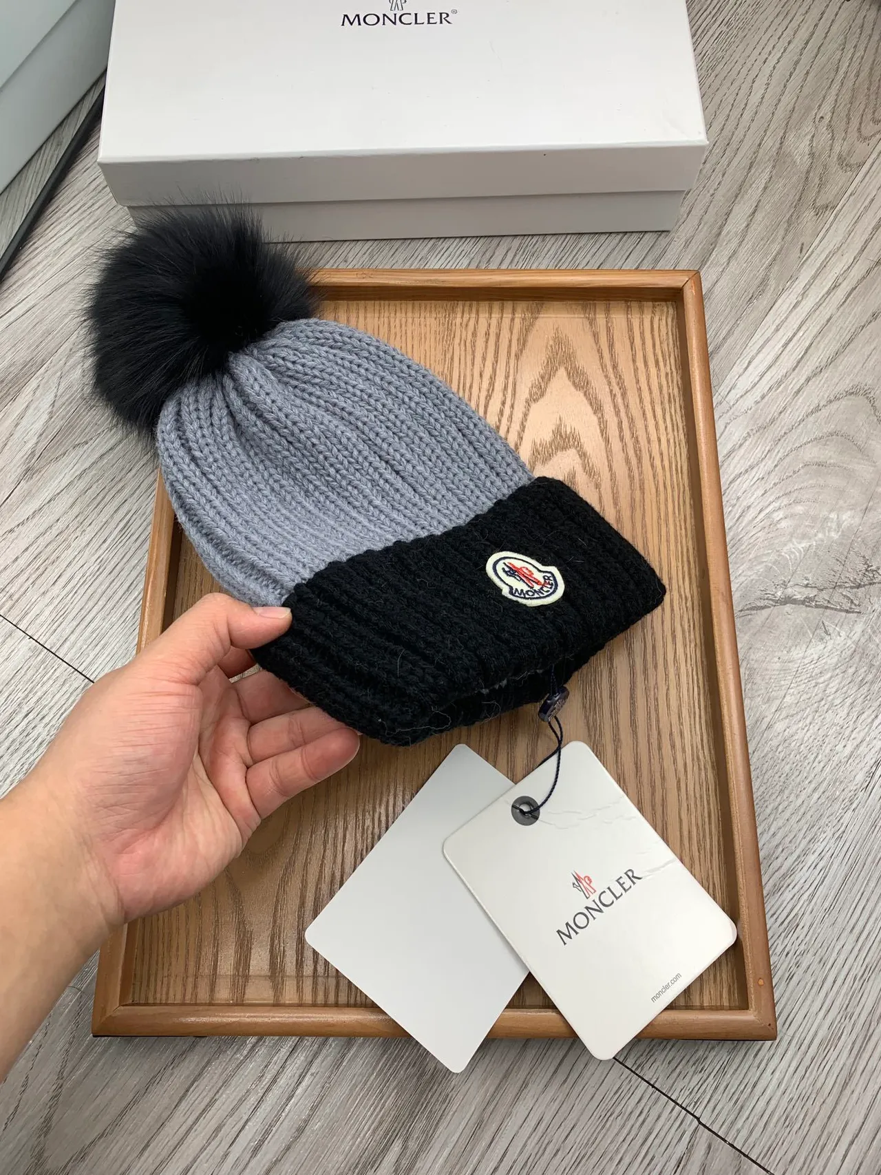 Moncler Gray Black Ribbed Knit Folded Cuff Beanie 5
