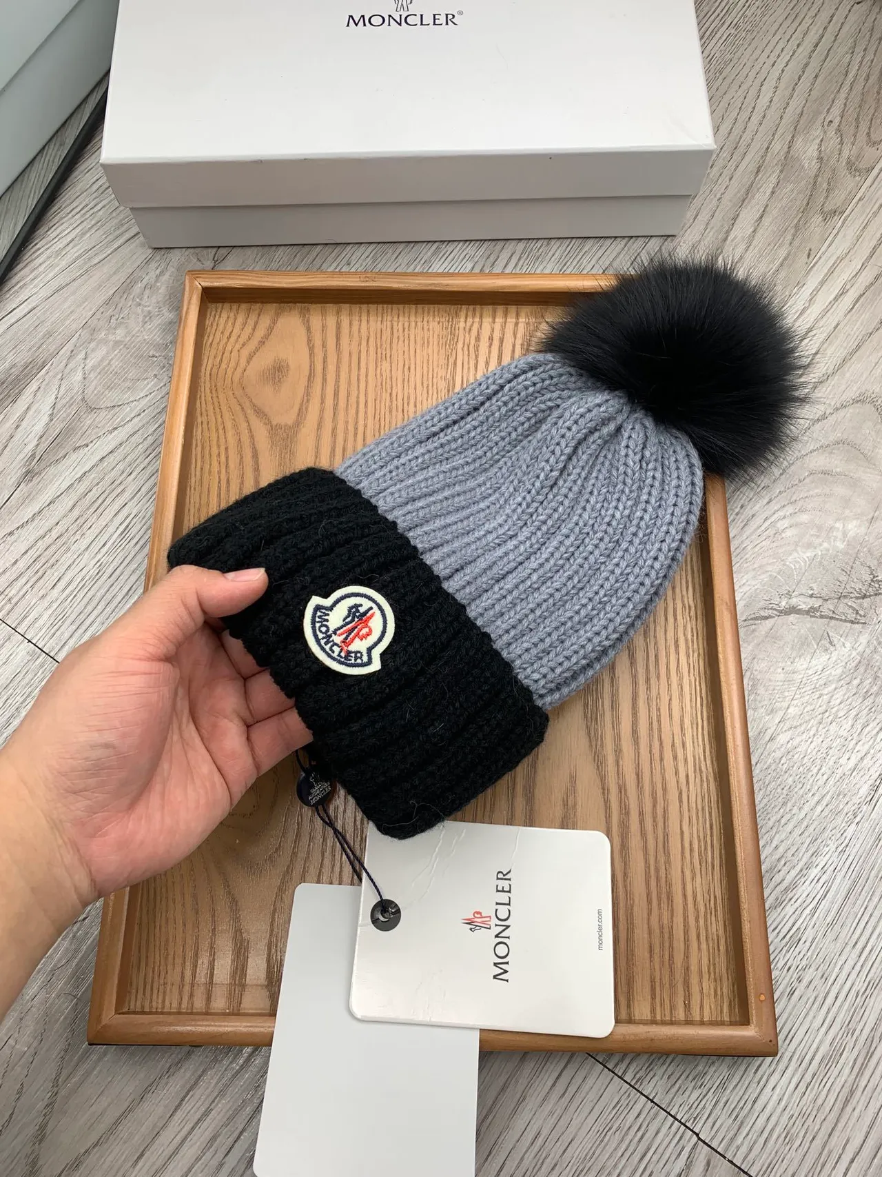 Moncler Gray Black Ribbed Knit Folded Cuff Beanie 6