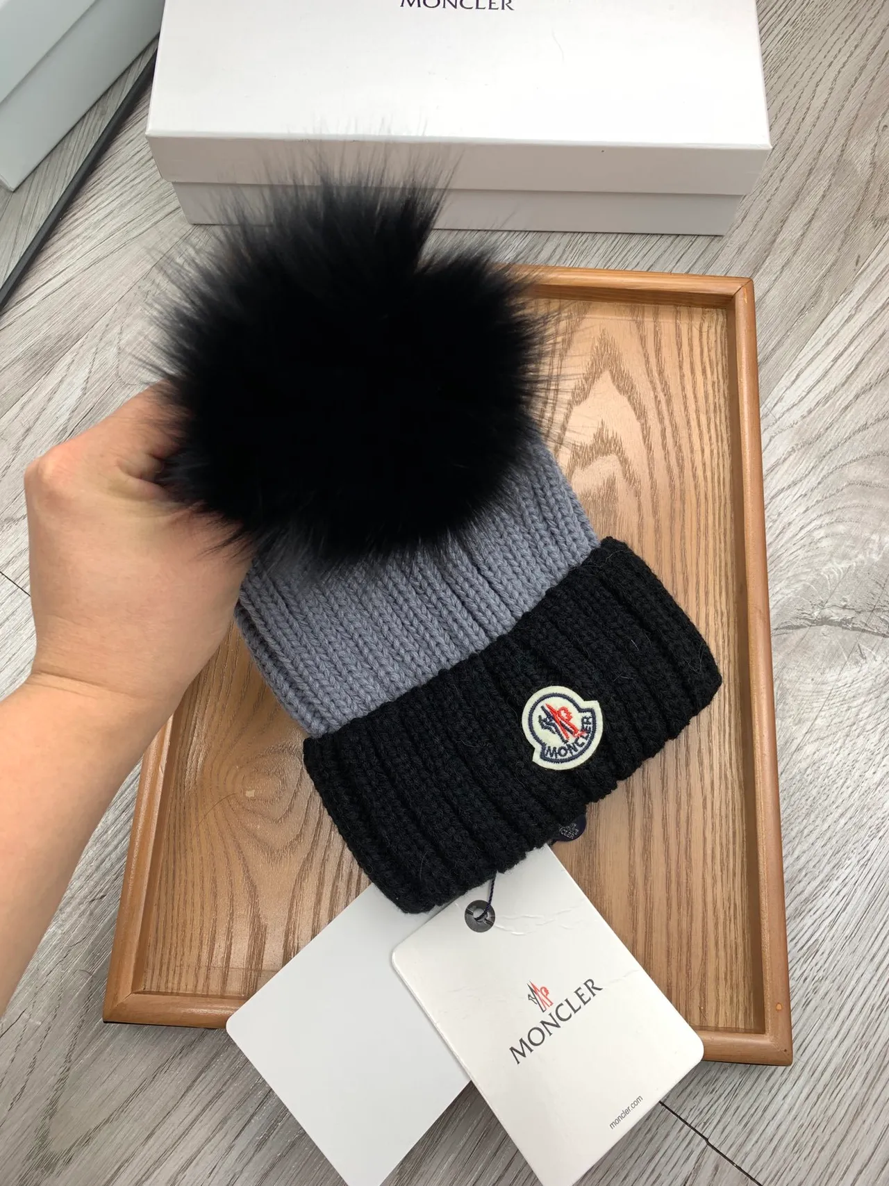 Moncler Gray Black Ribbed Knit Folded Cuff Beanie 7