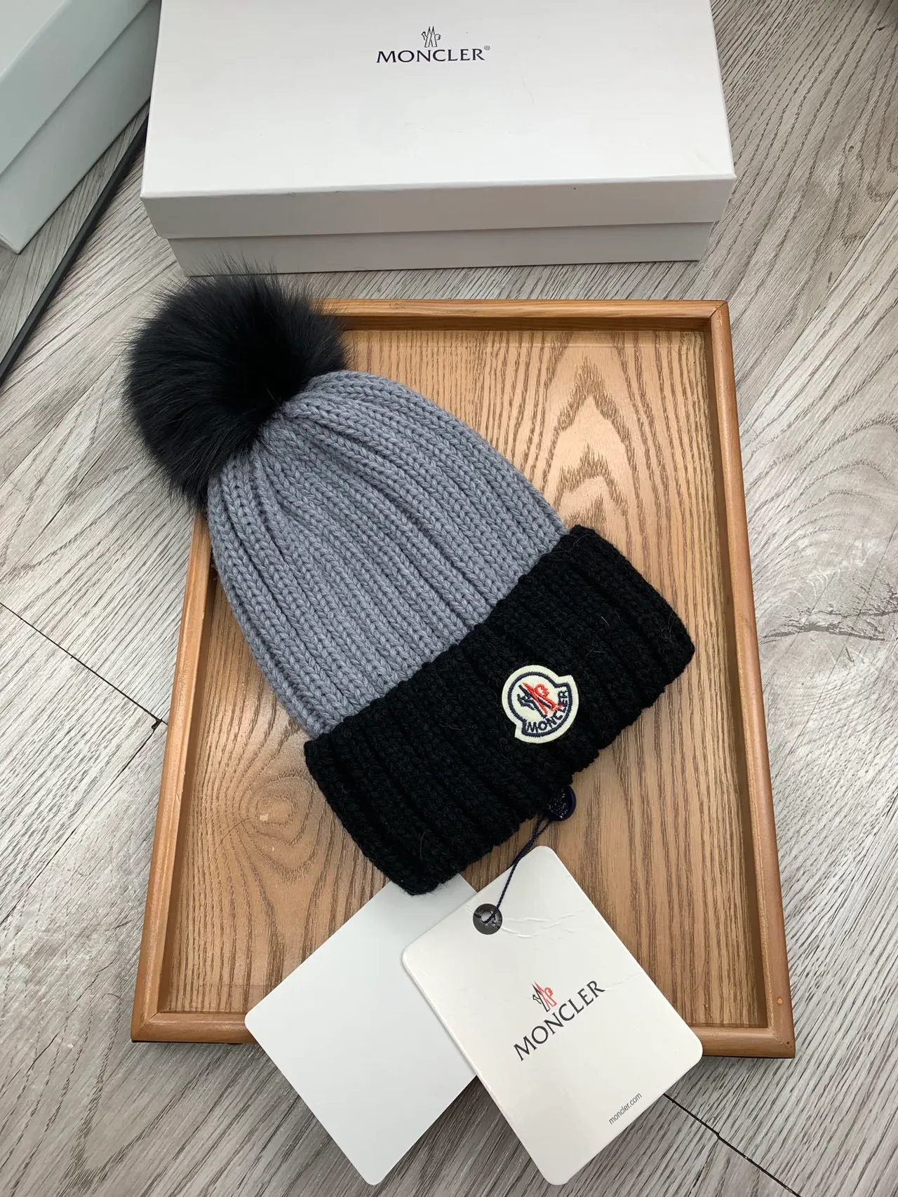 Moncler Gray Black Ribbed Knit Folded Cuff Beanie 8