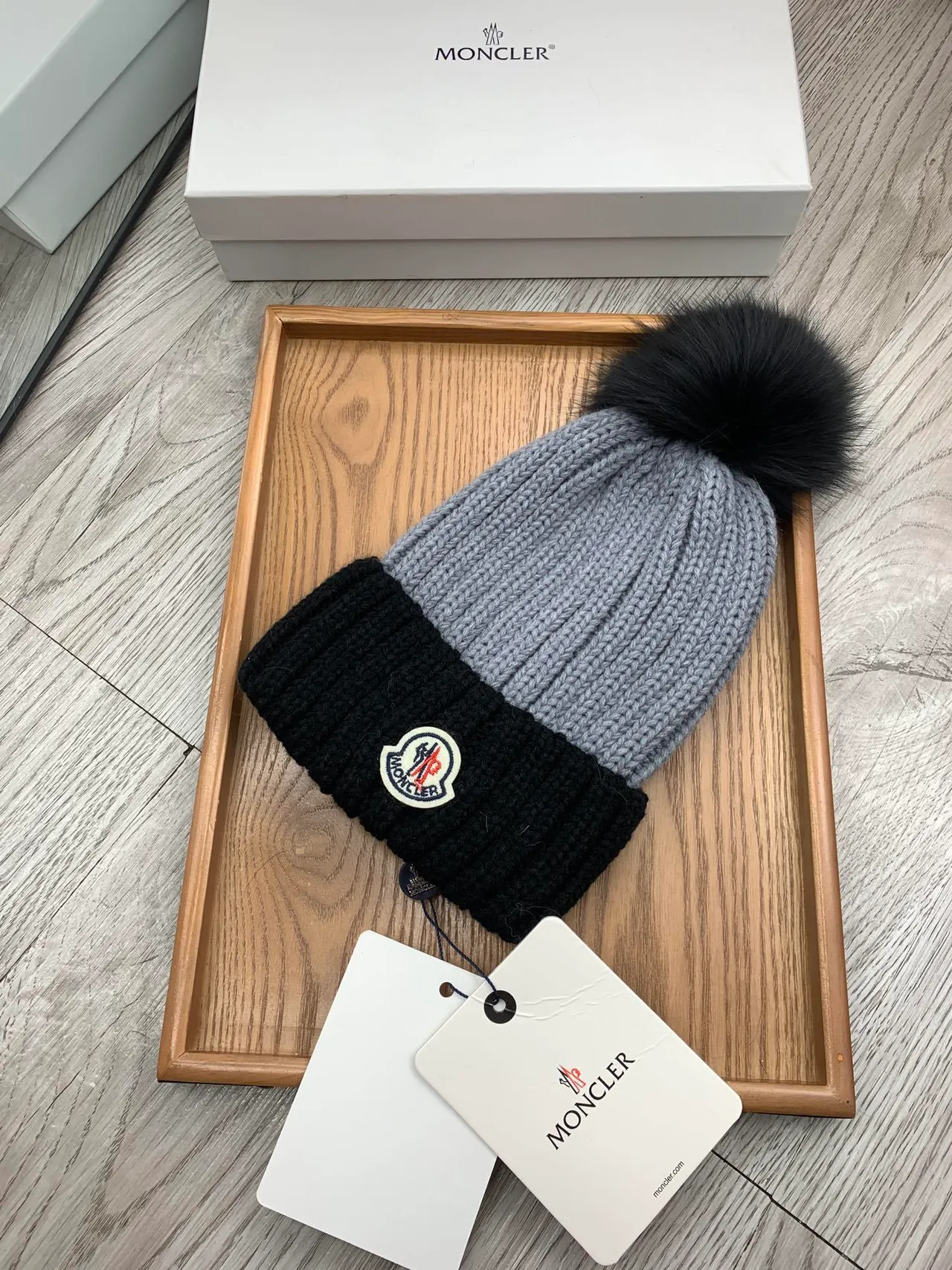 Moncler Gray Black Ribbed Knit Folded Cuff Beanie 9