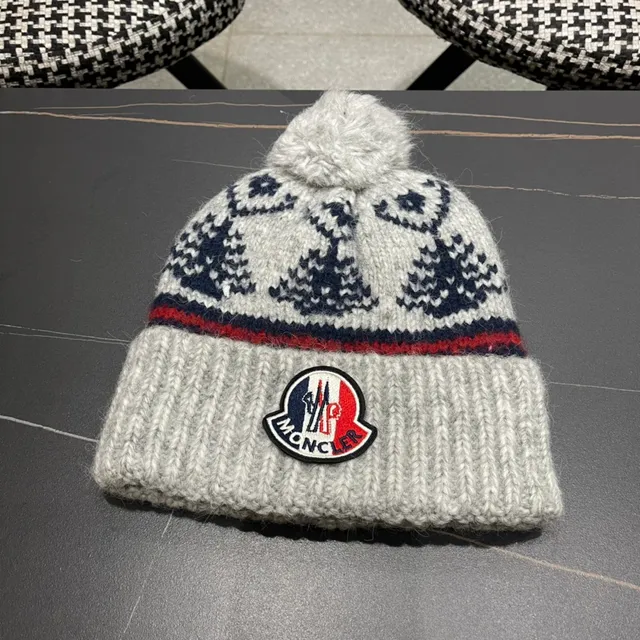 Moncler Gris Marine Manchette Tricotée à Côtes Laine Mélangée Bonnet 3