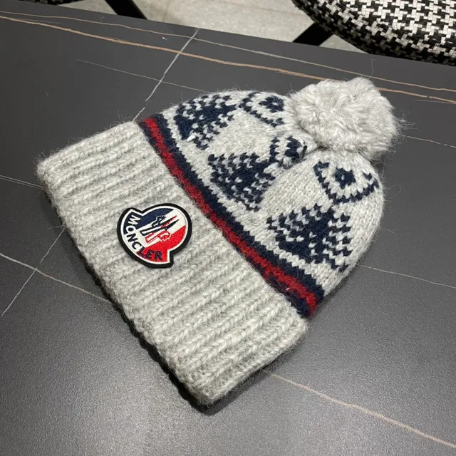 Moncler Gris Marine Manchette Tricotée à Côtes Laine Mélangée Bonnet 4