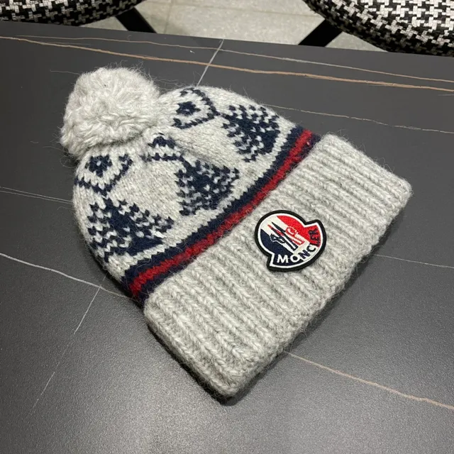 Moncler Gris Marine Manchette Tricotée à Côtes Laine Mélangée Bonnet 5