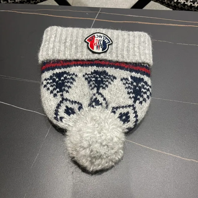 Moncler Gris Marine Manchette Tricotée à Côtes Laine Mélangée Bonnet 6