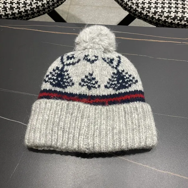 Moncler Gris Marine Manchette Tricotée à Côtes Laine Mélangée Bonnet 8