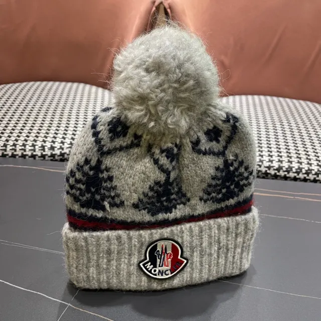 Moncler Gris Marine Manchette Tricotée à Côtes Laine Mélangée Bonnet 9