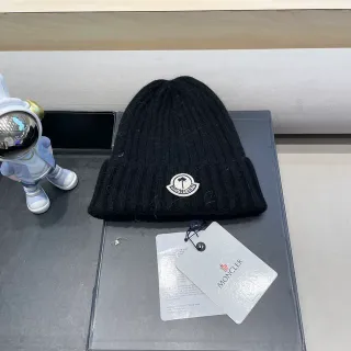 Moncler Logo Patch Black Ribbed Knit Beanie