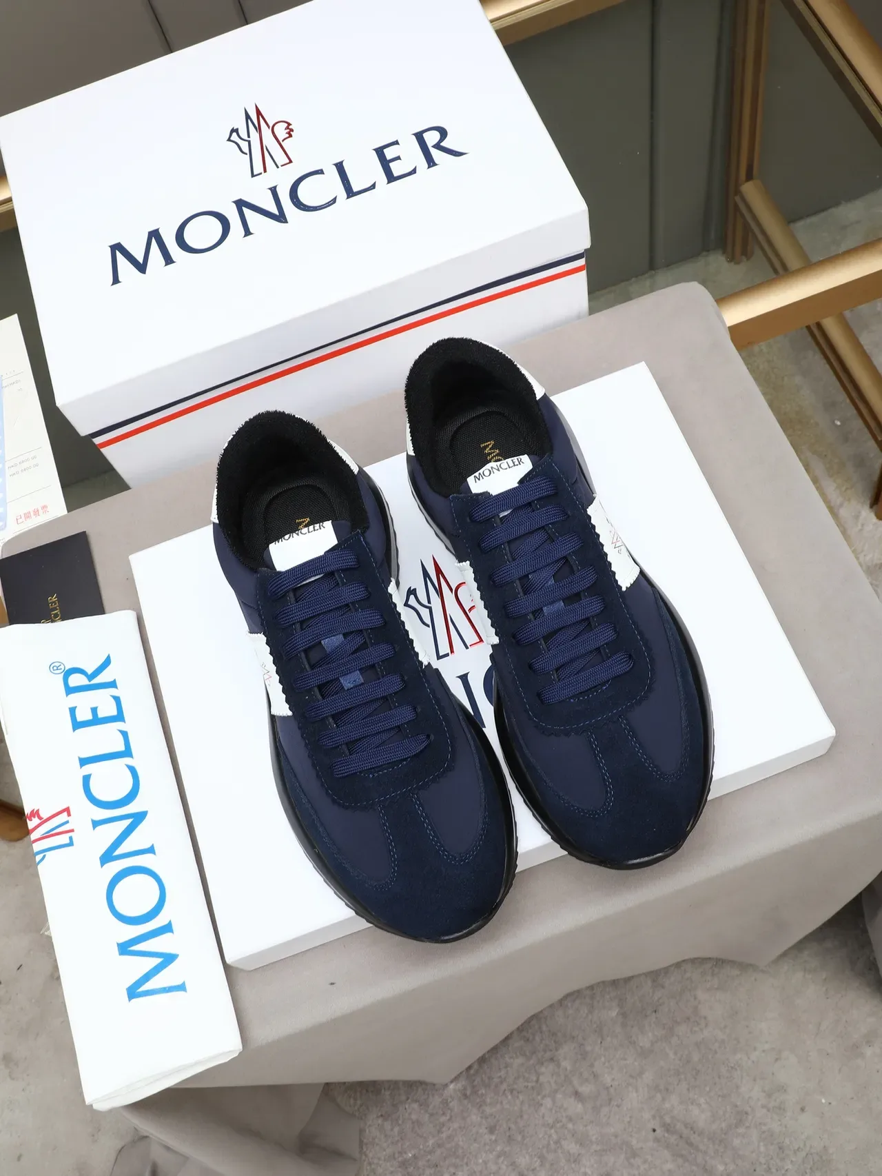 Moncler Navy White Suede And Nylon Upper Branded Side Patch Lifestyle Sneakers 2