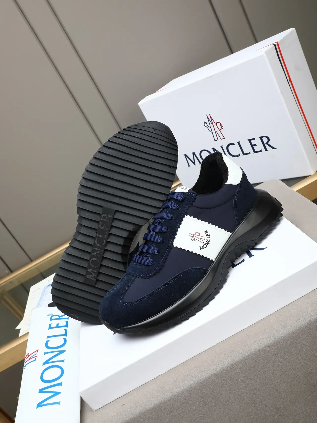 Moncler Navy White Suede And Nylon Upper Branded Side Patch Lifestyle Sneakers 4