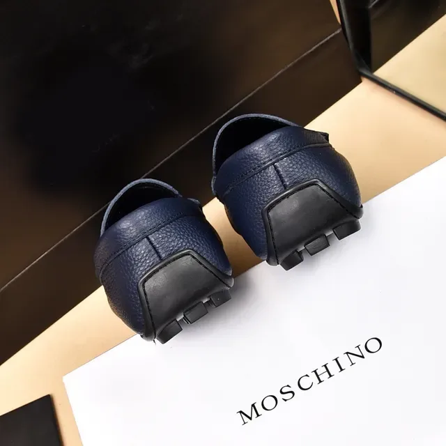 Moschino Logo-Strap Loafer Navy Gold Pebbled Leather Detail Loafer 2