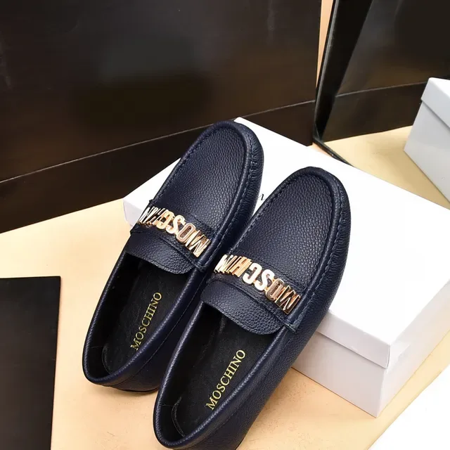 Moschino Logo-Strap Loafer Navy Gold Pebbled Leather Detail Loafer 3