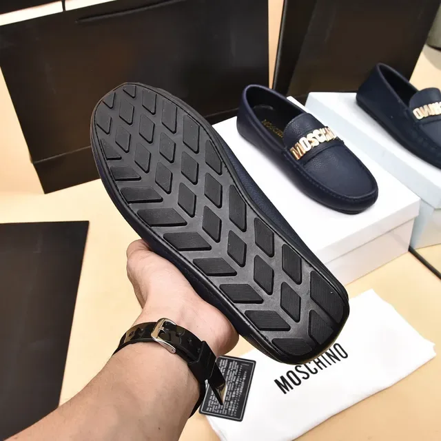 Moschino Logo-Strap Loafer Navy Gold Pebbled Leather Detail Loafer 4