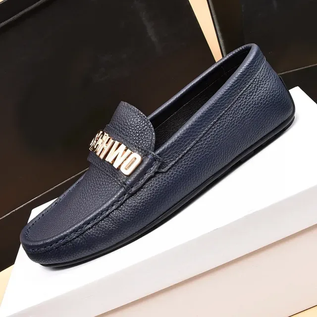 Moschino Logo-Strap Loafer Navy Gold Pebbled Leather Detail Loafer 5