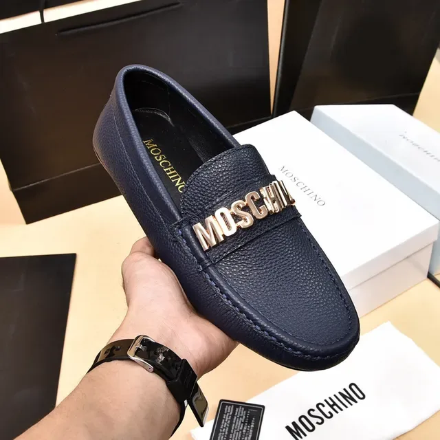 Moschino Logo-Strap Loafer Navy Gold Pebbled Leather Detail Loafer 7