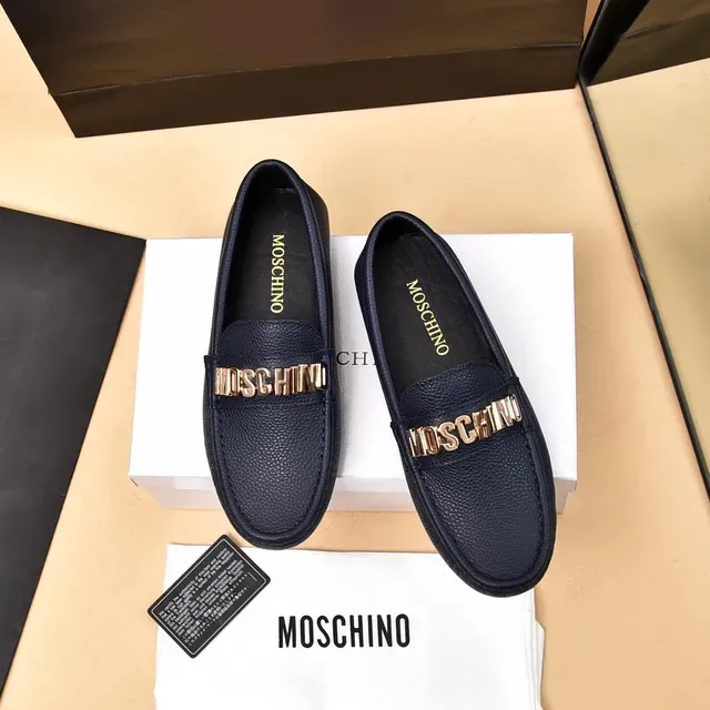 Moschino Logo-Strap Loafer Navy Gold Pebbled Leather Detail Loafer 9