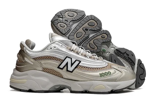 New Balance 1000 Tênis prata metálica bege chunky 4