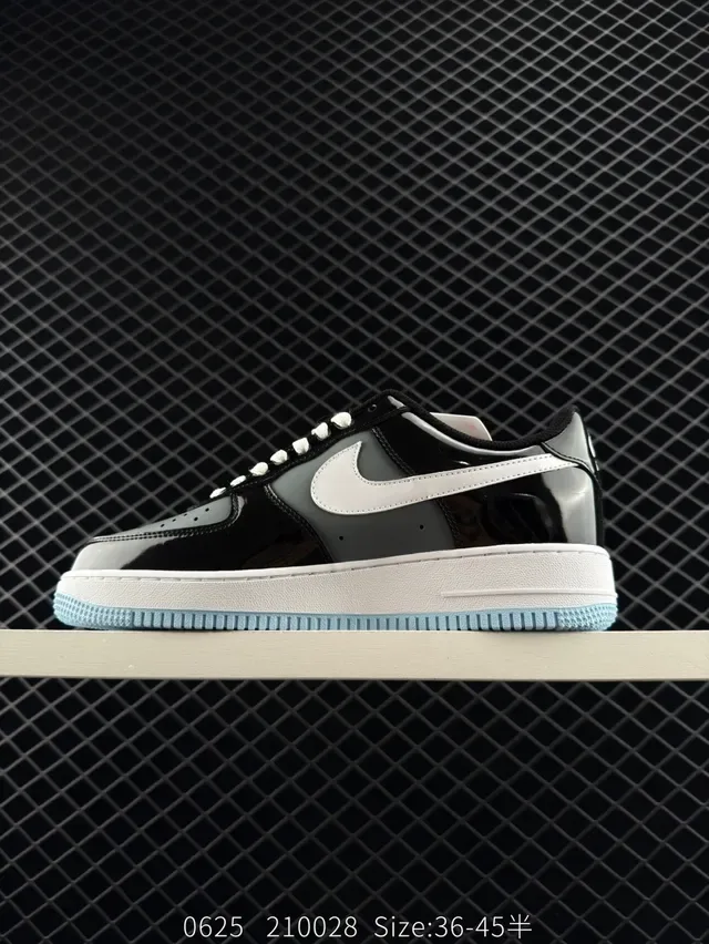 Nike Air Force 1 Glossy Black White Light Blue Lifestyle Sneakers 5