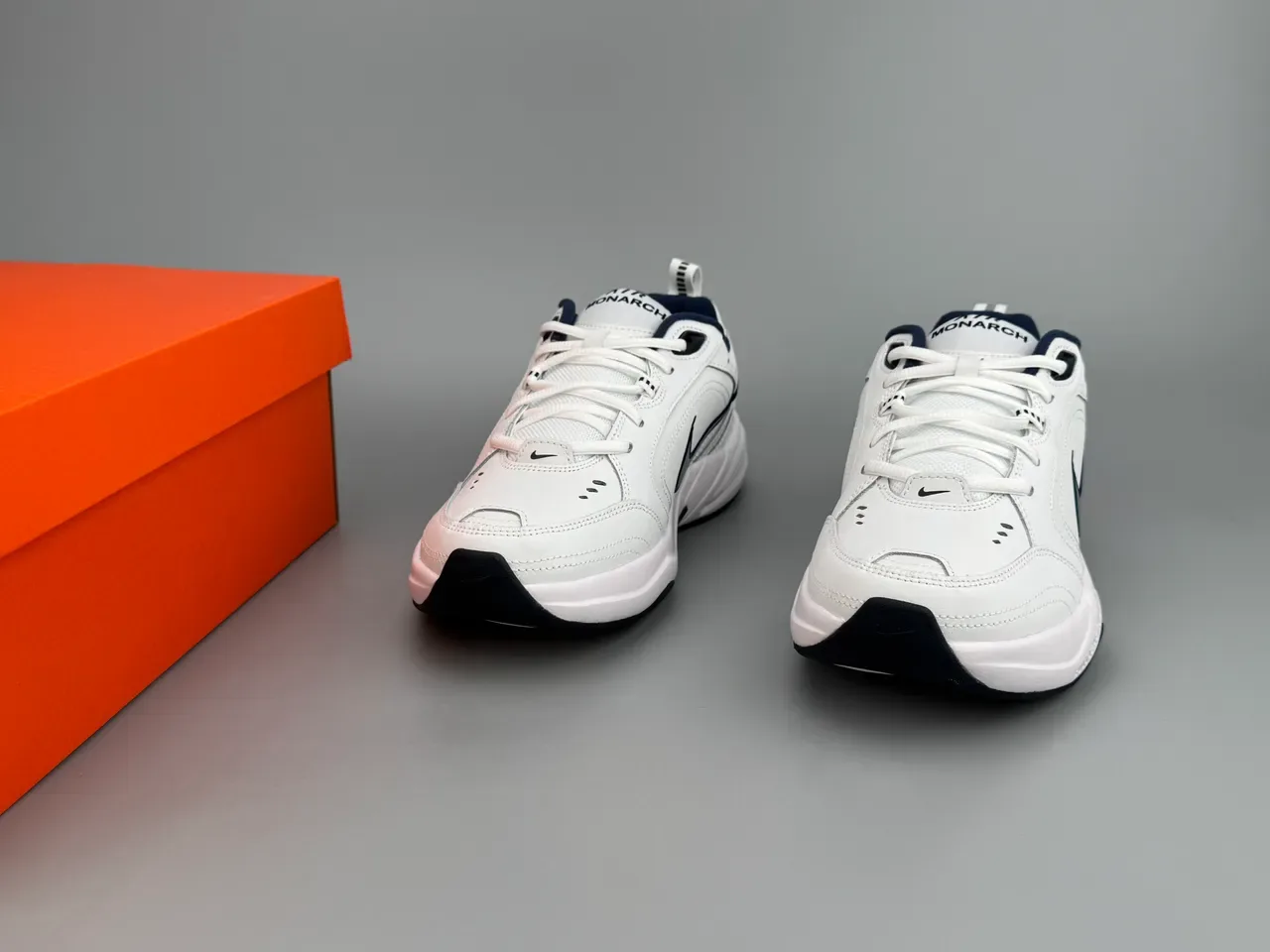 Nike Air Monarch White Navy Leather/synthetic Upper Blue Accents Lifestyle Sneakers 3