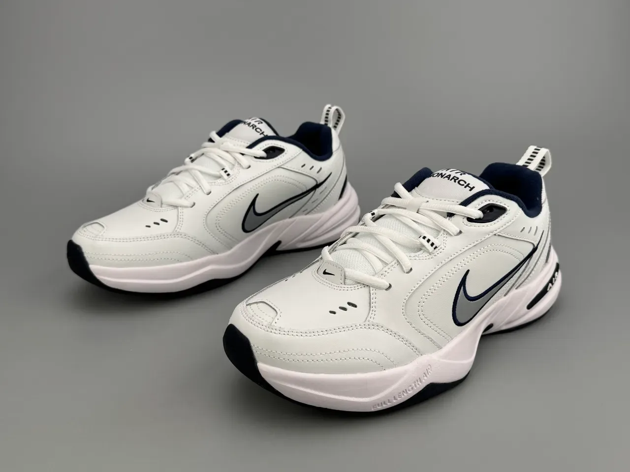 Nike Air Monarch White Navy Leather/synthetic Upper Blue Accents Lifestyle Sneakers 5