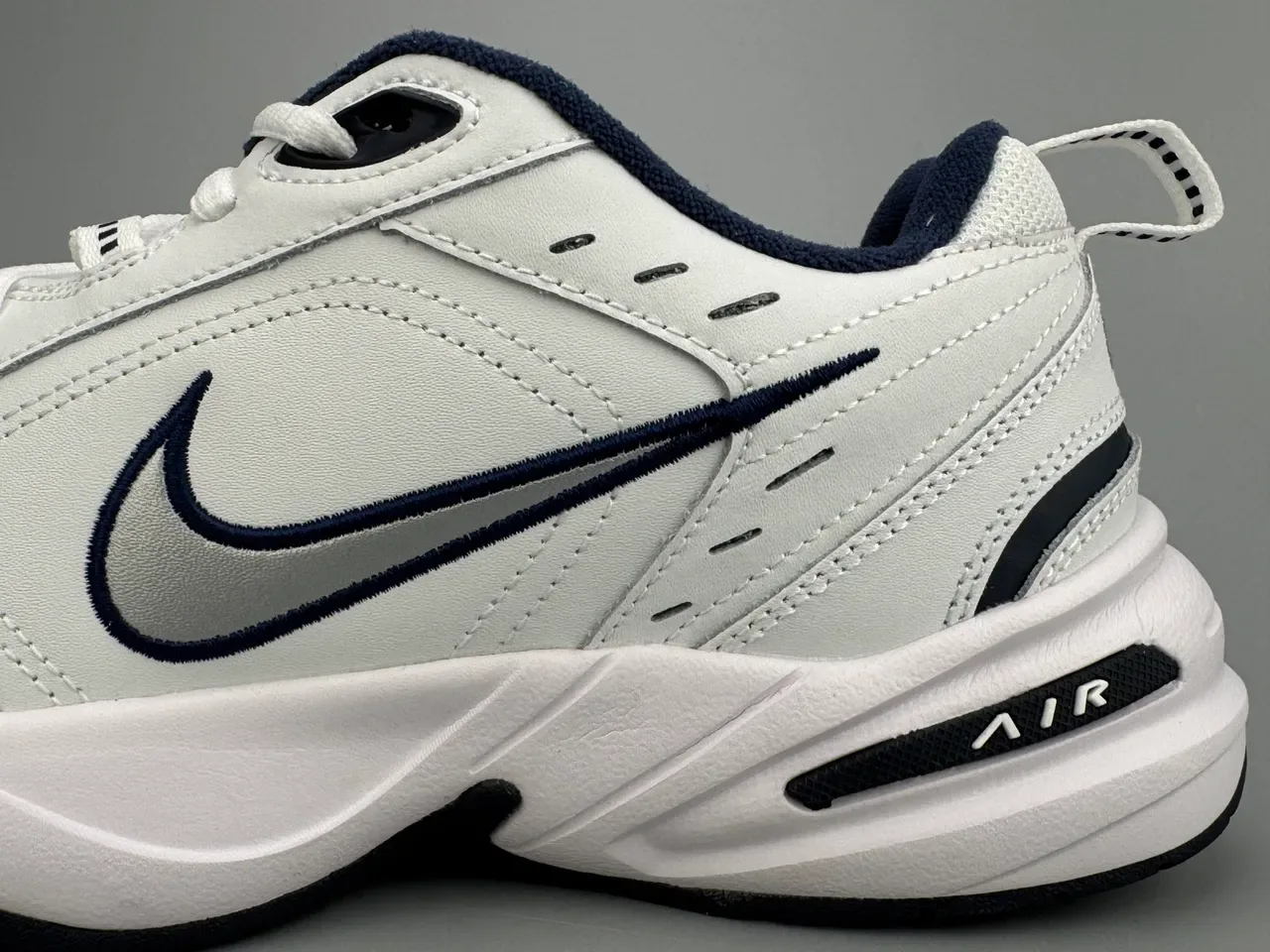Nike Air Monarch White Navy Leather/synthetic Upper Blue Accents Lifestyle Sneakers 7