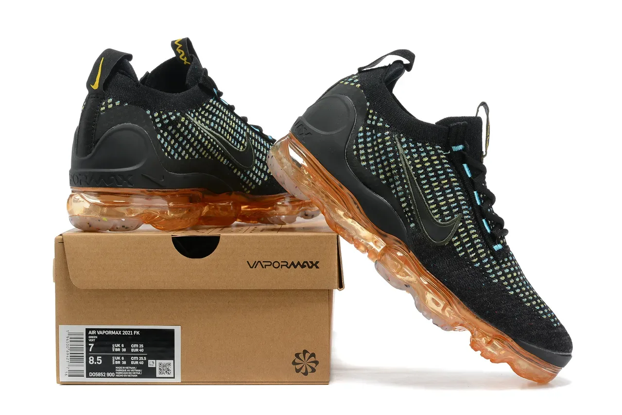 Nike Air VaporMax Flyknit Black Cyan Yellow-Green Speckle Lifestyle Sneakers 16