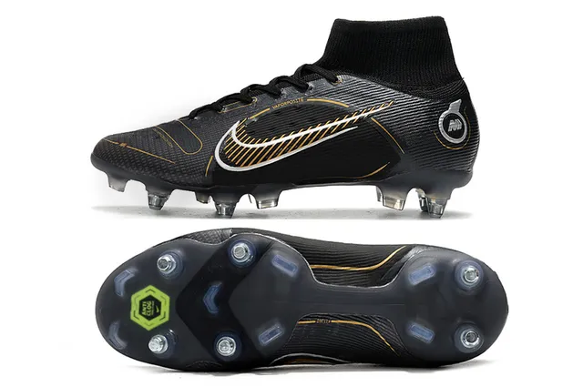 Nike Noir Or Haut-Coupé Collet Ajusté Chaussette Synthétique Texturé Supérieur Sol Ferme Chaussures de Football 2