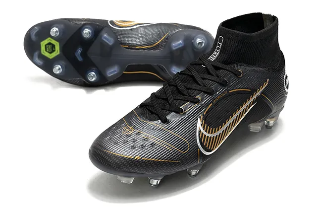 Nike Noir Or Haut-Coupé Collet Ajusté Chaussette Synthétique Texturé Supérieur Sol Ferme Chaussures de Football 6